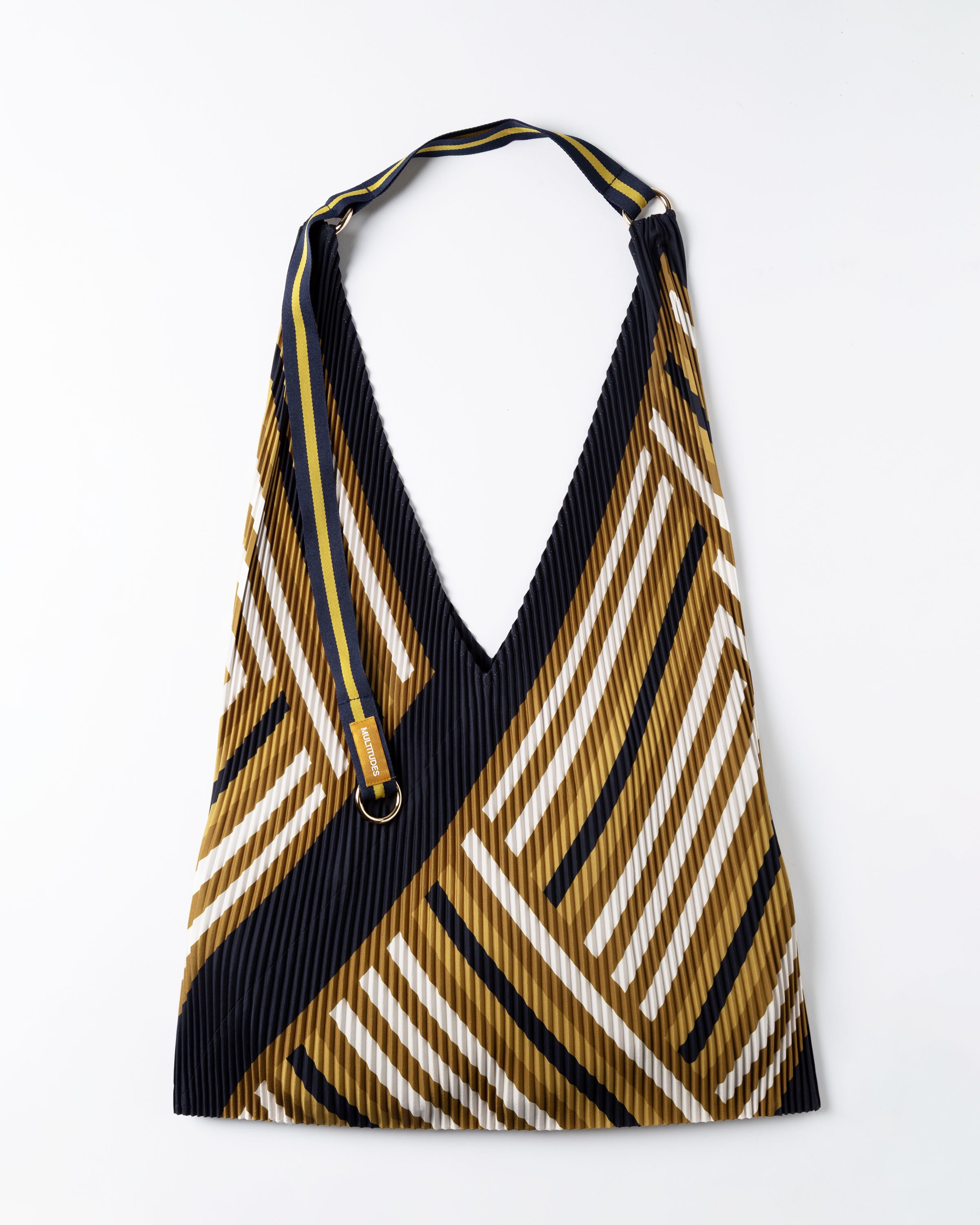 Y bag Grace di Multitudes, borsa plissettata a righe nere, ocra, bianche.