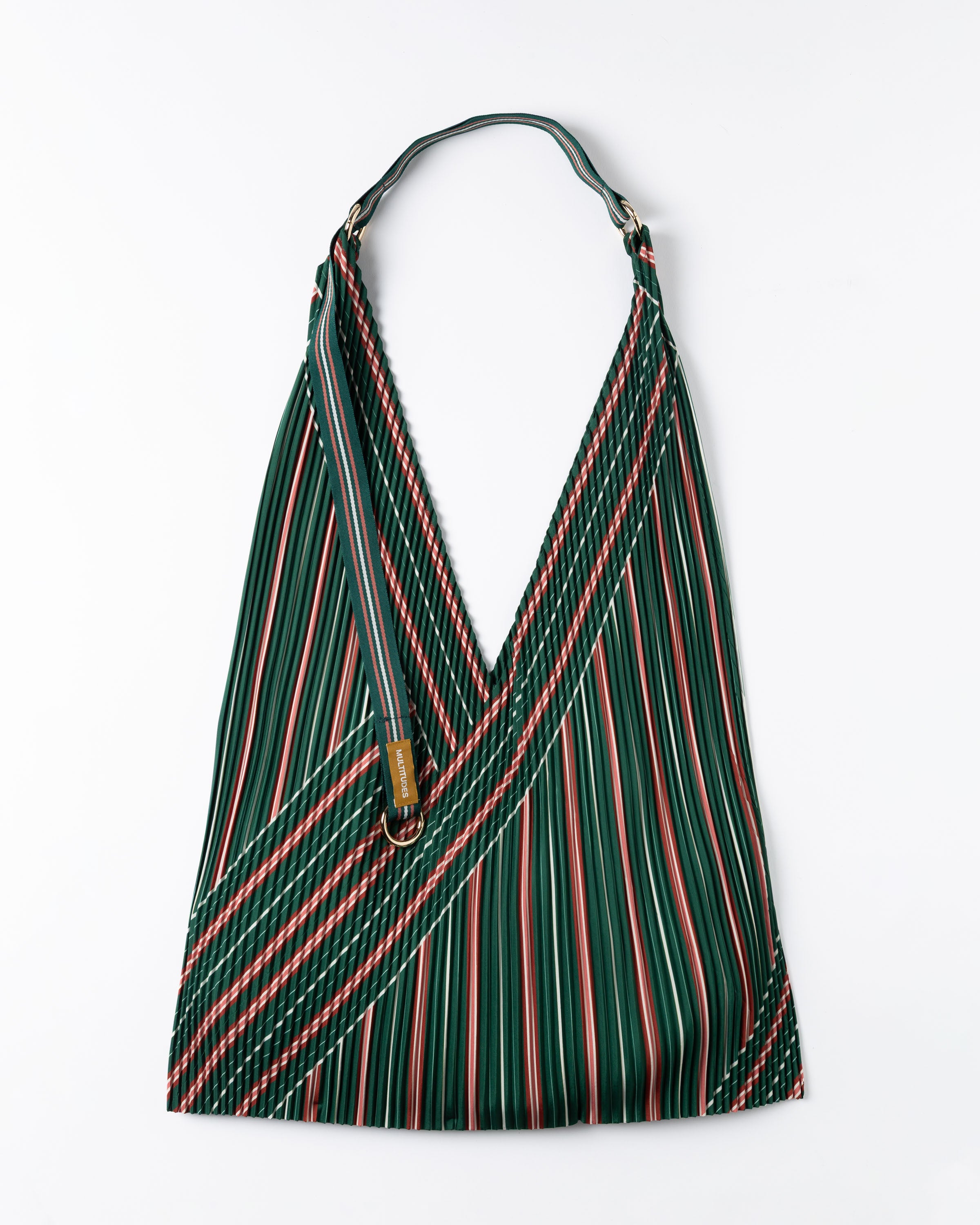 Y bag Stella Green di Multitudes, borsa plissettataa righe verdi, bianche e rosse.