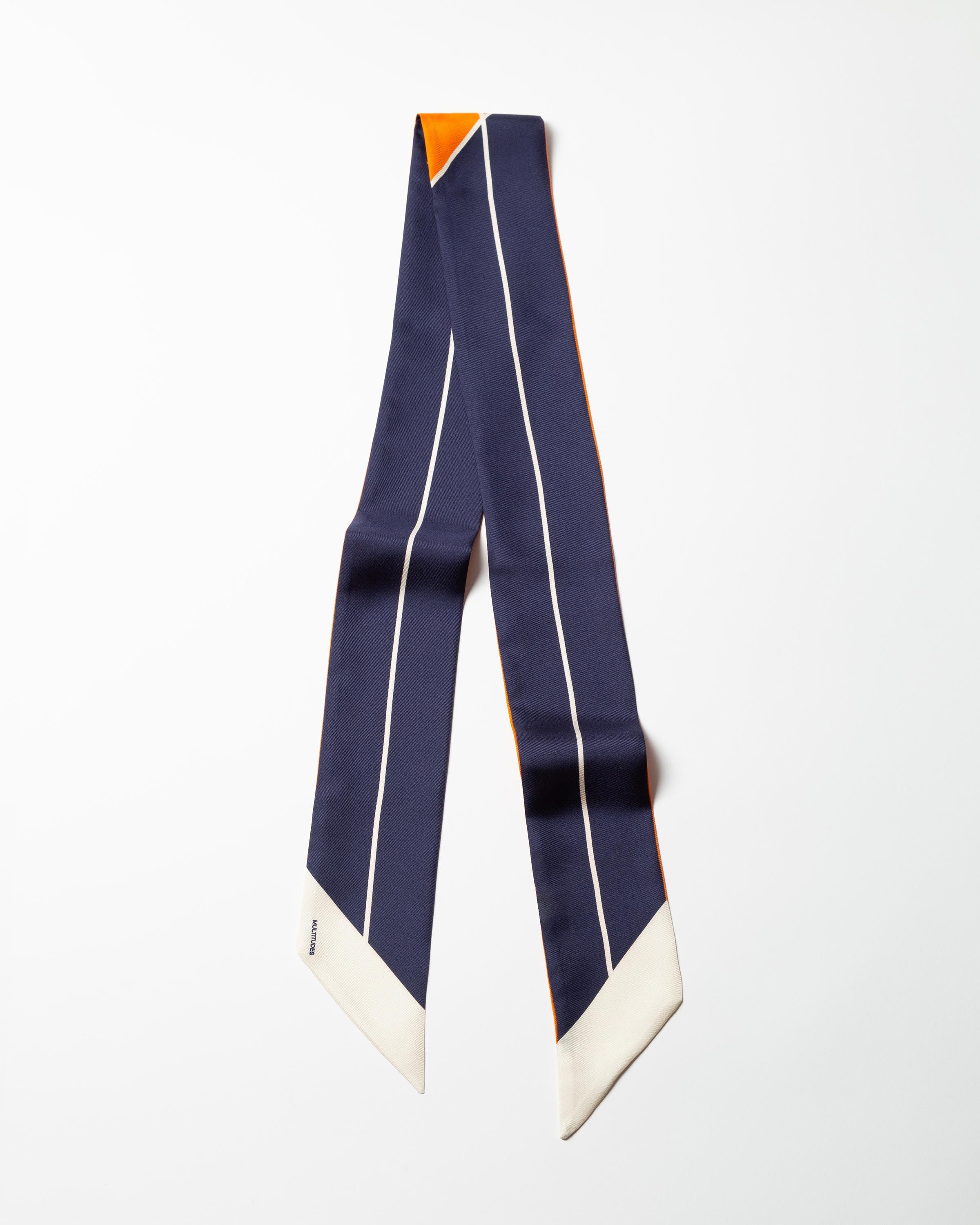 Nastro in seta Iris Twilly di Multitudes con pattern grafico colorato, accessorio di design Made in Italy.